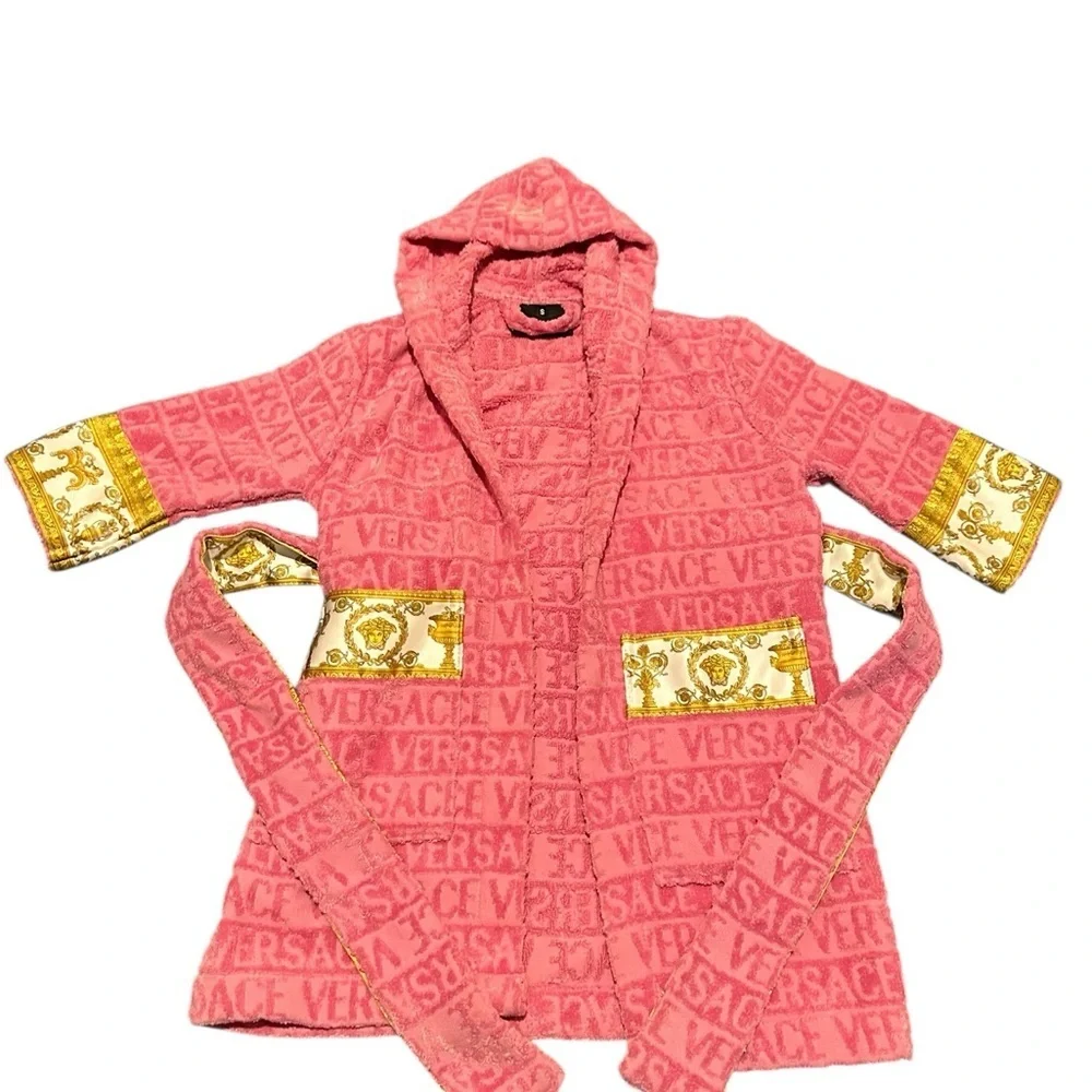 Versace Kids Coral Hooded Pajama Robe with Gold Baroque Trim, pre-owned